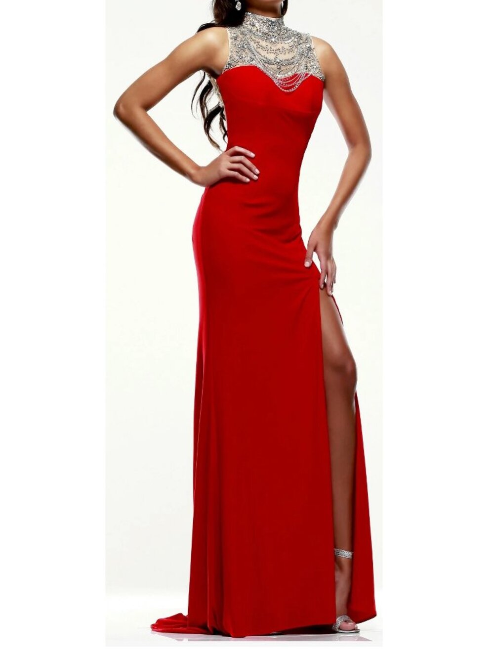 Sherri Hill 21355 Red Formal Gown Front Slit Embellished Crystal Neck Dress Sz 6